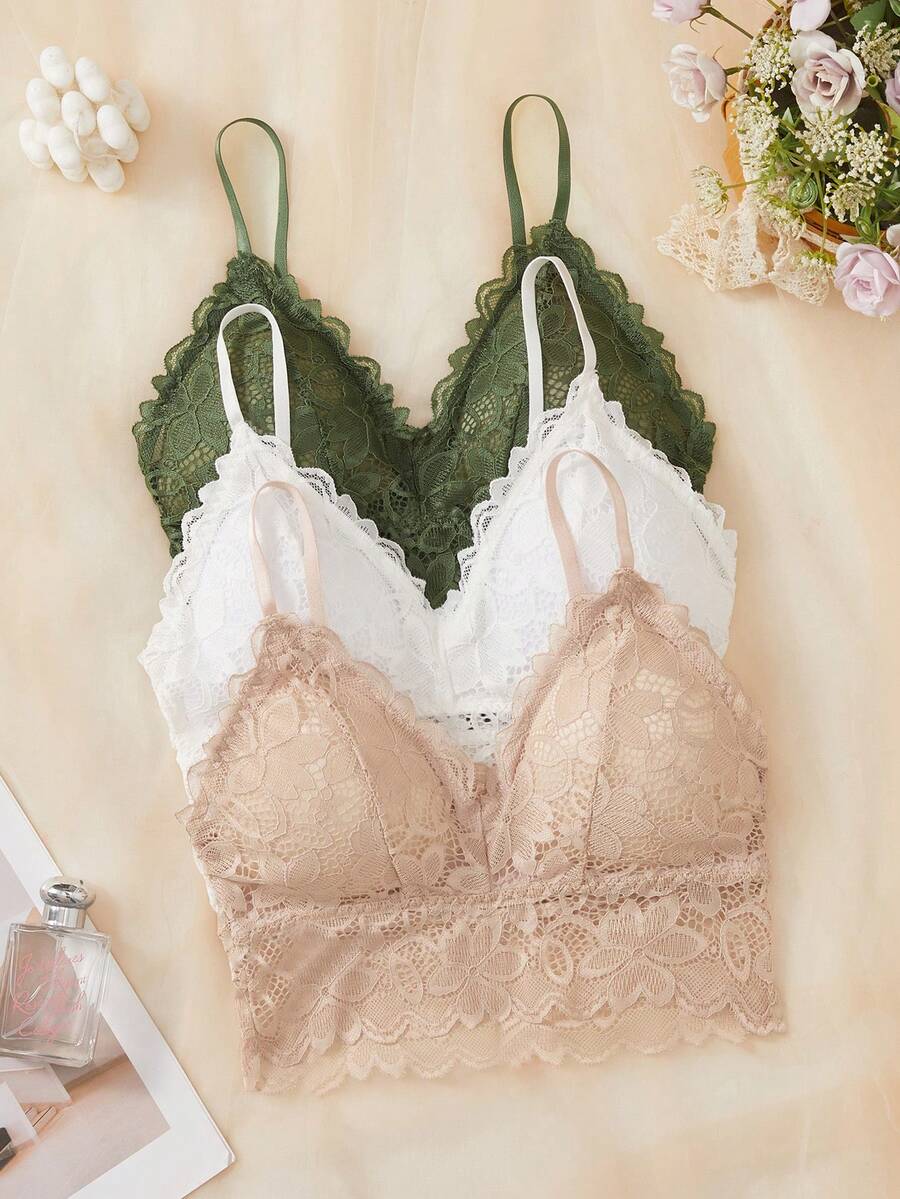 SHEIN 3pcs/Set Spaghetti Strap Wire-Free Lace Bralette - Multicolor - View 1