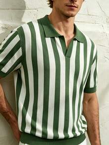Airaco Men's Polo Collar Vertical Striped Pattern Knit Short Sleeve Vacation Green Stripe Summer Casual - Green - View 4