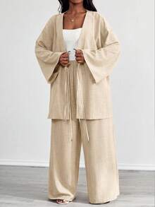 SHEIN PETITE CURVE 大尺碼女款休閒兩件套 前綁帶長袖上衣與長褲套裝 素色米色 適合海灘 正式場合 度假 商務 秋季穿搭 - 卡其色 - 查看 3