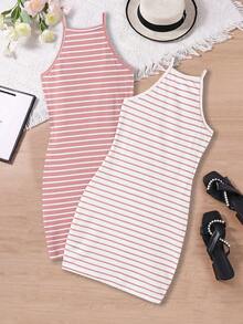 SHEIN Sparklyn Tween Girl' 条纹休闲无袖连衣裙套装 - 粉色 - 查看 2