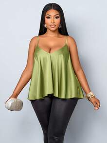 SOLERSUN Plus SizeWomen's Elegant Satin V-Neck Ruffled Spaghetti Strap Vest Top For Spring And Summer, Suitable For Everyday Wear, Office Casual, Shopping, Vacation, Music Festivals, Outdoor Parties, And Dates - Green - View 6