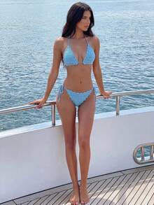 Swim Vcay 夏季海灘派對度假純色手工鉤編三角杯比基尼套裝 淺藍色 性感熱帶風 - 藍色 - 查看 5
