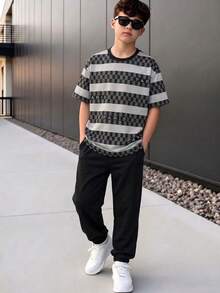 SHEIN Vacaura 青少年男孩休閒時尚簡約藍灰白拼色T恤與長褲2件套，適合春/夏日常外出與玩耍 - 黑色 - 查看 5