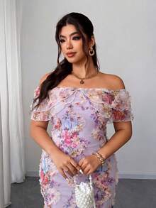 Elenzga Vestido elegante y romántico para mujer de talla grande, con hombros descubiertos, volantes en la cintura, ajustado y de tela de malla con estampado floral, para primavera/otoño - Multicolor - Ver 5