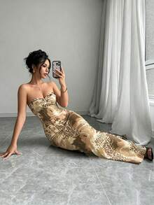 SHEIN Raffinéa 無袖平口扭轉露背鏤空繫帶緊身豹紋魚尾洋裝 - 彩色 - 查看 4