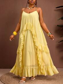 Truni Plus Size Loose Ruffled Strap Dress For Summer Vacation, For Pear And Triangle Wedding Guest Butter Yellow Elegant - Orange - View 5