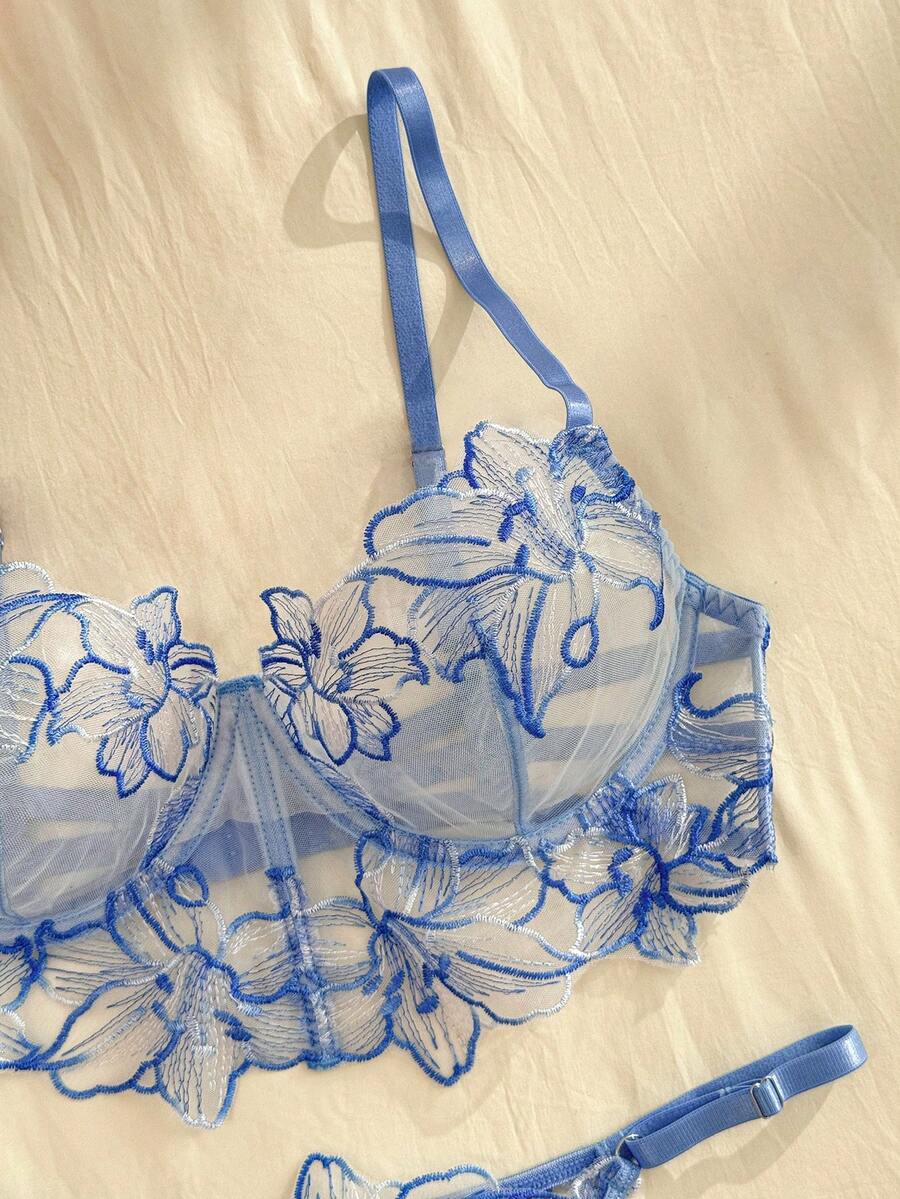 Eraneu 女款裸色性感內衣套裝 2件組 - 淺藍色 - 查看 1