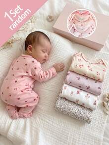 [Random 5 Sets, 2 Sets Sent] Newborn 0-12 Months Home Jumpsuit, Forest Style Ditsy Floral With Chain Craft Contrast Color, Fresh Style, Long Sleeve Footed, Open Crotch Snap Design, Easy To Put On And Take Off, Home Leisure, Daily Outings, Spring And Summer, All Seasons - Multicolor - View 6