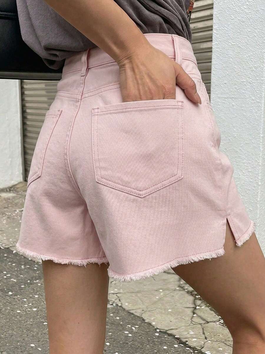 DAZY Summer Casual Washed Frayed Hem Denim Shorts - Pink - View 1