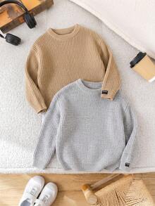 SHEIN 2pcs/Set Back To School Young Boys Brown Khaki Versatile Textured Loose Pullover Sweater, Suitable For Home, Layering, Outings And School - Multicolor - View 3