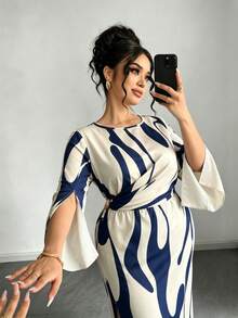 Elenzga 大码女士优雅通勤简约日常约会派对性感宴会开衩袖口修身杏色底黑色印花长裙 - 藍色 - 查看 6