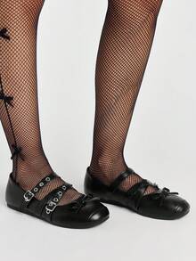 ROMWE Goth Scarpe da donna con suola piatta, chiuse, Mary Jane, in pelle piccola, nere, slip-on, mocassini, suola morbida, scarpe da uniforme giapponese JK, punta quadrata, fiocco, scarpe da ballo - Nero + pulsante. - Visualizzare 4