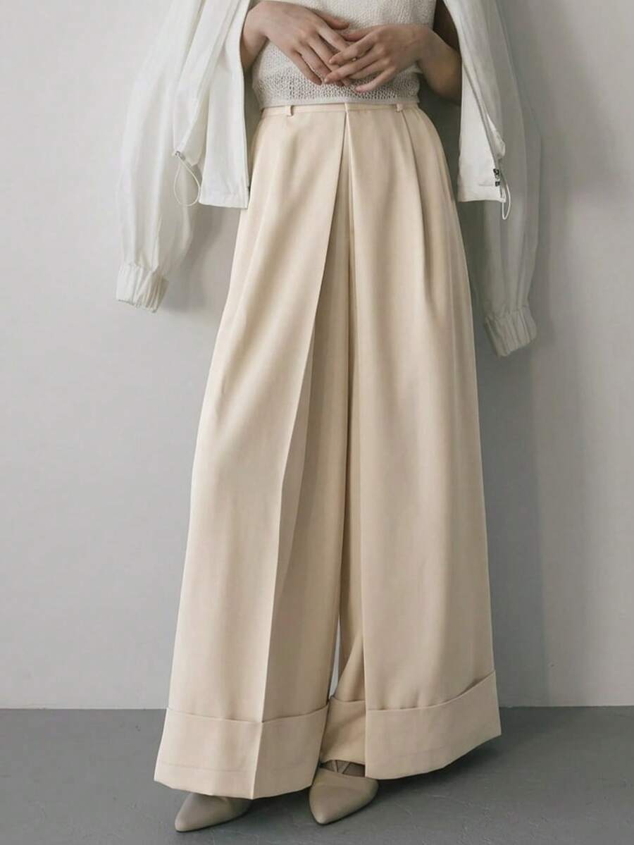 DAZY Women's Solid Color Pleated Wide Leg Loose Casual Long Pants - Apricot - View 1