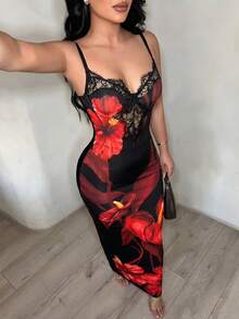 SHEIN SXY 女款蕾絲拼接花卉印花性感約會吊帶洋裝 - 彩色 - 查看 7