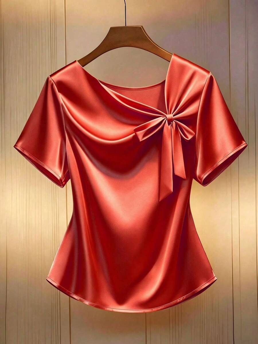 GlowEve CURVE Plus Size Women's Asymmetric Neckline Tie Bow Short-Sleeved Top With A Glossy Finish, Elegant And Going-Out Style, Perfect For Business Casual Summer Women's Outfits. - Orange - View 1