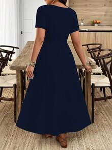 Breezaya Plus Size Women's Wavy Collar Fashion Commuter Long Dress - Navy Blue - View 2