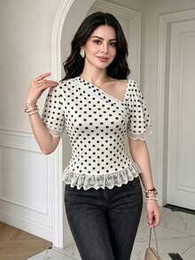 Modelyn Women's Knitted Printed Contrast Lace Short Sleeve Asymmetric Shoulder Vacation Retro Elegant Date High Tea Top White And Black Polka Dot Summer - White - View 4