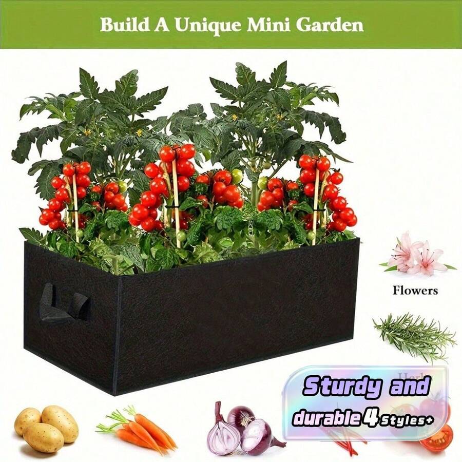 1pc Raised Garden Fabric Planter, Breathable Non-Woven Rectangular Planting Bag For Vegetables, With Handles, For Outdoor Gardening (Black) - Black - View 1