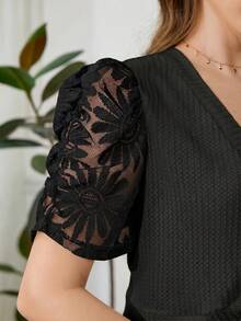 SHEIN Clasi Women's Spliced Lace Short Puff Sleeve Lightweight Jacket - Black - View 4