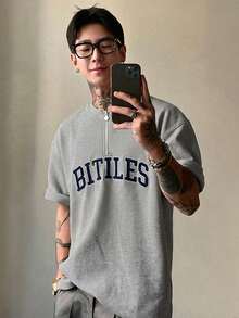 DAZY 夏季刺繡 1/3 拉鍊領灰色紋理面料男士 T 恤圖案印花短袖上衣 - 灰色 - 查看 2