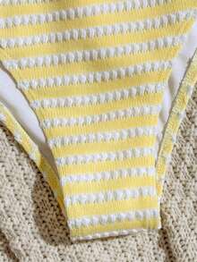 Swim Mod Women's Summer Beach Vacation One-Piece Swimsuit, Knitted Jacquard Fabric, Halter Backless Slimming High-Cut Yellow Tropical Coastal Sexy - Multicolor - View 5