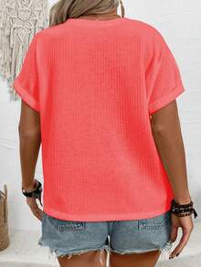 EMERY ROSE Fashion Casual Basic Waffle Fabric V-Neckline Rolled Cuff Design Plus Size T-Shirt - Red - View 2