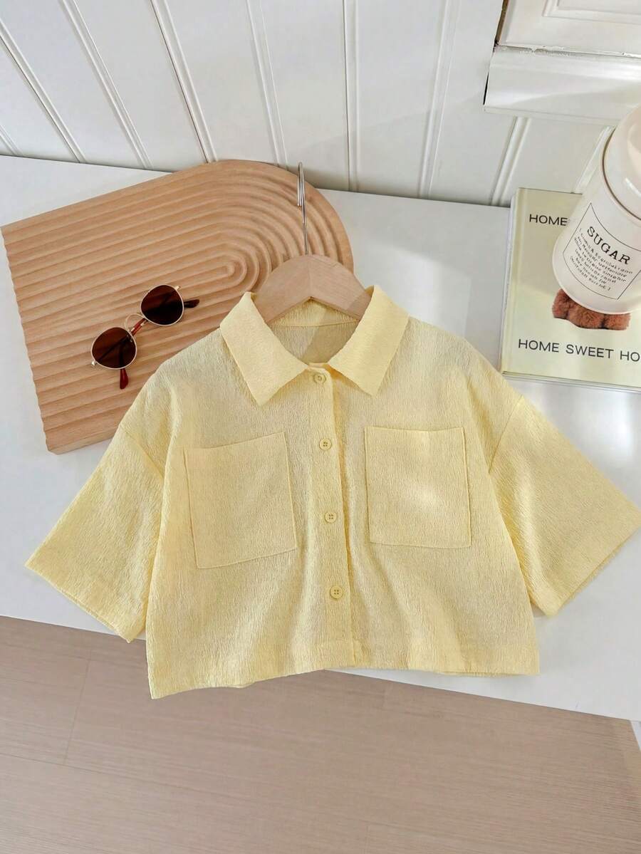 SHEIN LMoss Kids LMoss 青少女梭織素色寬鬆短版休閒襯衫 - 黃色 - 查看 1