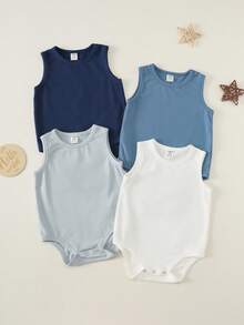 SHEIN 男女通用新生兒嬰兒男孩/女孩 4件組 100%純棉 春夏休閒可愛純色無袖連身衣套裝，嬰兒男孩套裝，嬰兒男孩夏季衣物，柔軟，嬰兒連身衣 - 藍色 - 查看 3