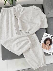 Franclia Heart Embroidery Collar Zipper Short Sleeve Top And Sweatpants 2 Pieces Set Everyday House Red And White Gingham Summer Casual - Light Grey - View 2