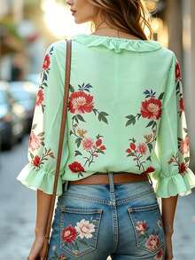 EMERY ROSE Women's Floral Print Deep V-Neck Blouse - Green - View 2