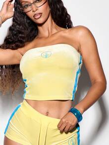 BABYPHAT Top court bandeau sans bretelles en velours avec liseré contrasté et imprimé logo pour les vacances d'été - Jaune citron - Voir 4