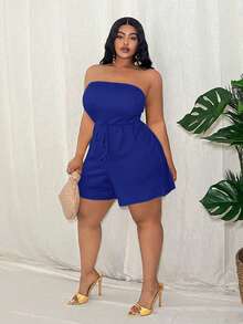 Veslaya Mono sin mangas de talla grande para mujer, color verde liso, ajuste ceñido, decoración de cuerda, tela de punto texturizada, uso casual de vacaciones, primavera/verano - Azul - Ver 5