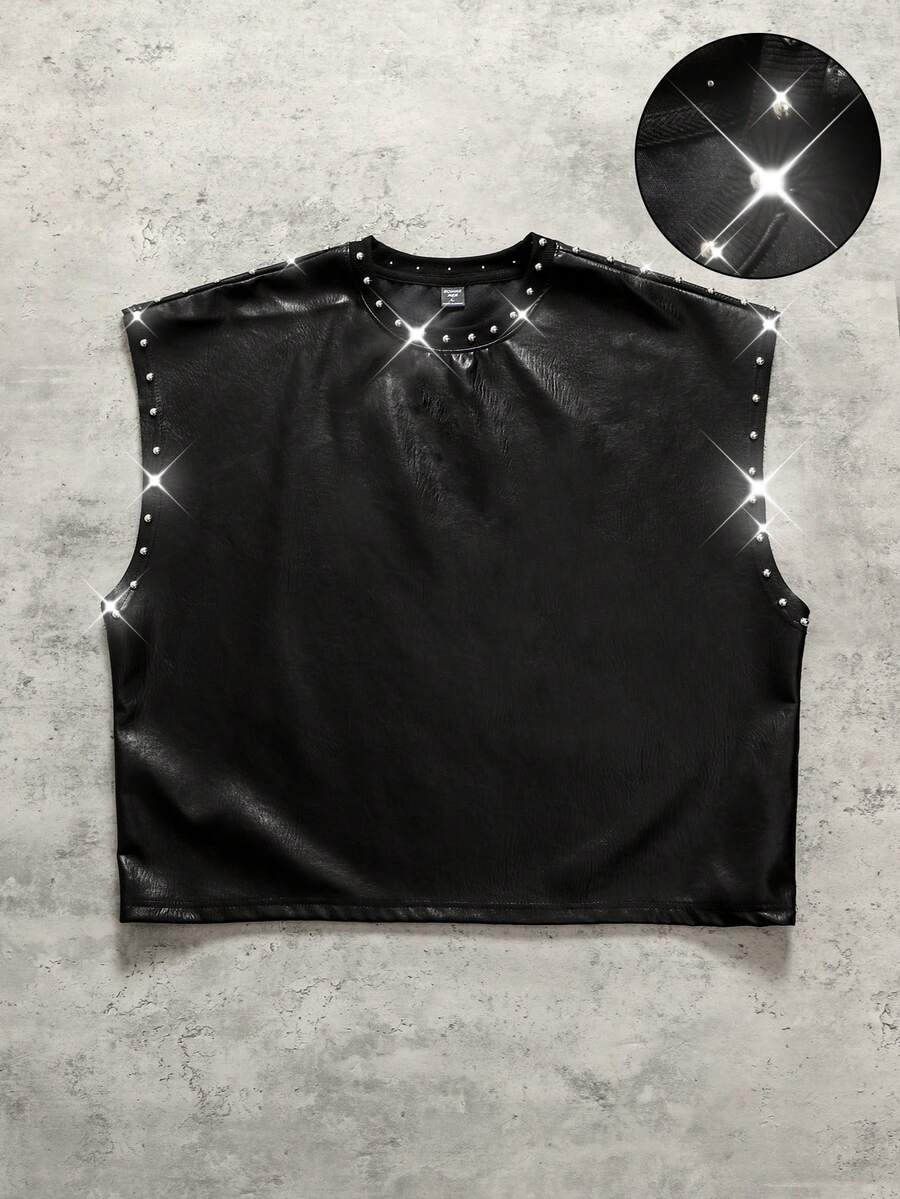ROMWE MEN Grunge Punk 男士鉚釘裝飾PU寬鬆背心 - 黑色 - 查看 1