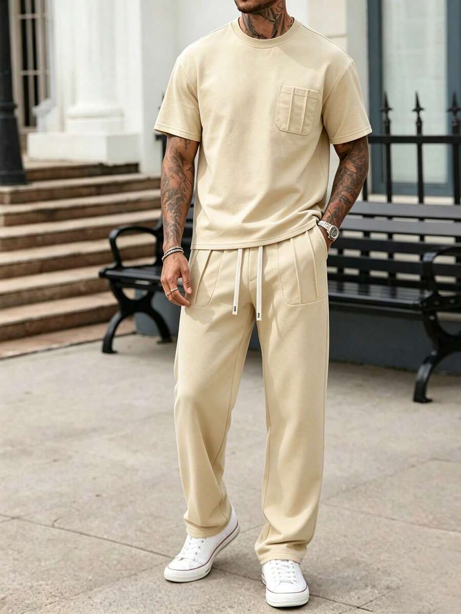 Manfinity Homme 男士休閒短袖套裝,米色卡其色夏季圓領T恤 & 運動長褲,彈性腰帶,功能性側口袋,畢業禮物街頭風,度假 - 卡其色 - 查看 1