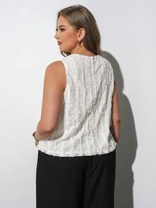 Maija Plus Size Women's White Textured Crochet Lace Fabric Fitted Round Neck Sleeveless Tank Top, Elegant Cruise Wear, Wedding Guest Brunch Formal Attire - Beige - View 2