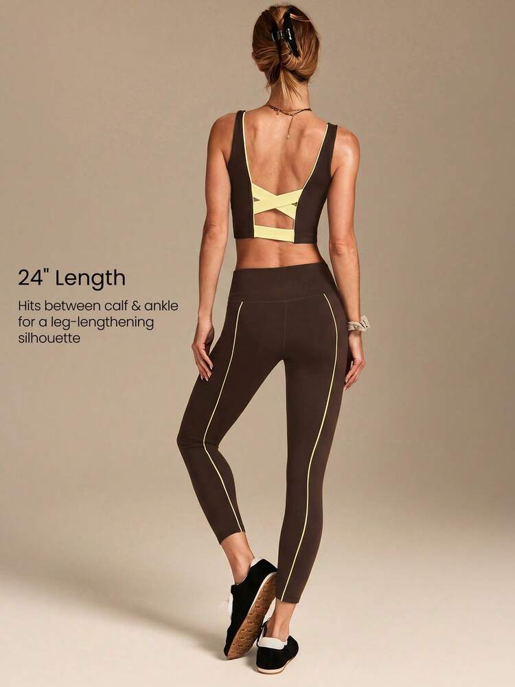 24" FeatherFit™ Core Confidence Soft Stretchy Sweat-Wicking Contrasting Color Crossover Waist Leggings Yoga Pilates Studio Daily Casual Wear