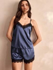 Charlaine Conjunto de pijama con top de satén con ribete de encaje y shorts - Azul Marino - Ver 2