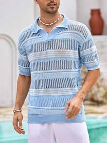 Mercer Haus YONGC Men's Fashionable Lightweight Hollow Striped Knit Polo Shirt, Breathable Short Sleeve Versatile Knit Top, Casual & Comfortable Wear For Men In Spring/Summer - Baby Blue - View 7