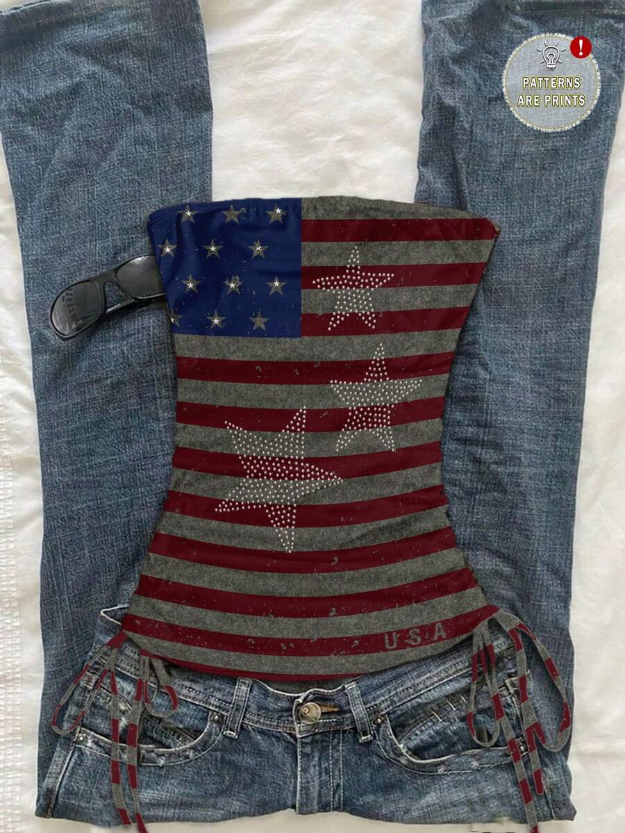 Attitoon Casual Minimalist Style American Flag Faux Texture Positioned Print Pattern Women's Casual Drawstring Tie-Up Fitted Tube Top Suitable For Spring/Summer Independence Day Y2K - Multicolor - View 1