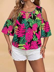 EMERY ROSE Camisa estampada de talla grande con estampado floral tropical casual y minimalista en toda la prenda - Multicolor - Ver 4