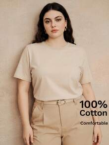 Anewsta Spring/Summer Minimalist Solid Color All-Match Versatile Plus Size Short Sleeve Comfortable Casual 100% Pure Cotton Women's Plus Size T-Shirt - Apricot - View 6