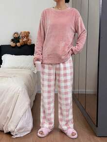 DAZY Women's Solid Color Round Neck Long Sleeve Top And Plaid Long Pants Pajama Set - Pink - View 6