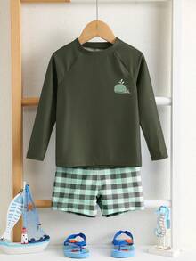 SHEIN 中性青少年男孩/女孩適用，時尚格紋長袖兩件式泳衣套裝，防曬泳裝，衝浪泳衣，適合海邊度假、游泳、衝浪 - 軍綠色 - 查看 8