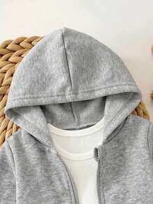 SHEIN 女嬰可愛灰色針織連帽外套與彈性腰長褲套裝 - 灰色 - 查看 5