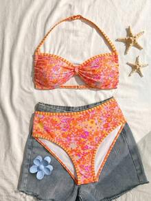 SHEIN Girls' Minimalist Print Halter Bikini Set - Multicolor - View 2