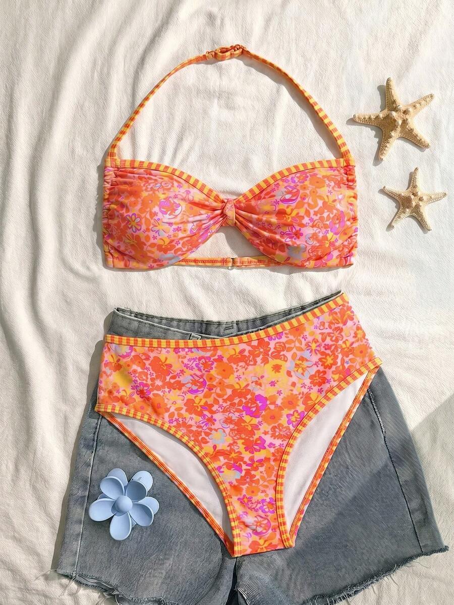 SHEIN Girls' Minimalist Print Halter Bikini Set