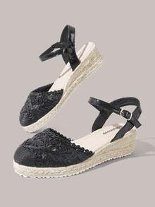 Styleloop 女款麻繩草編粗跟黑色編織腳踝綁帶露跟楔形跟鞋涼鞋 Pomessian 風格 - 黑色 - 查看 3
