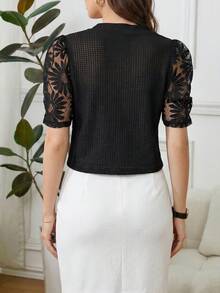 SHEIN Clasi Women's Spliced Lace Short Puff Sleeve Lightweight Jacket - Black - View 2