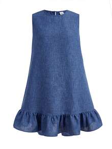 SHEIN Kids Teen Girls Dresses, Summer Round Neck Navy Blue Woven Ruffle Hem Dress, Casual Vacation Summer Spring Fashion, Ruffle Edge, Back To School - Blue - View 2