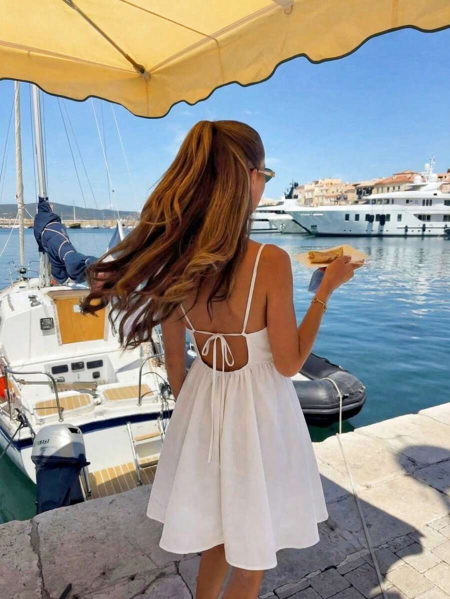 Pariaura Textured Backless Tie Cami Dress Casual A-Line Mini Sundress For Summer Beach Vacation - White - View 1